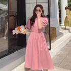 Round Neck Puff-sleeve Ruched A-line Dress