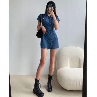 Asymmetric Denim Mini Shirtdress