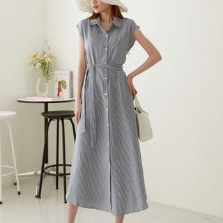 Sleeveless Stripe Long Shirtdress With Sash