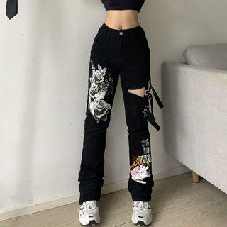 Mid Rise Floral Printed Cut-out Straight-fit Jeans