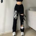 Mid Rise Floral Printed Cut-out Straight-fit Jeans