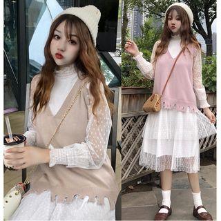 Ripped Sweater Vest/ Midi Mesh-overlay Tiered Dress