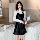 Long-sleeve Mock-neck Lace Top / Spaghetti Strap Faux Leather Mini A-line Dress