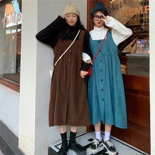 Plain Turtleneck T-shirt / Buttoned Pinafore Dress