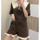 Short-sleeve Plaid Ruffle Trim Mini Dress Coffee - One Size