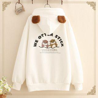 Printed Ear-accent Hood Fleece-lined Sweatshirt