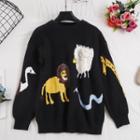 Round Neck Animal Patterned Sweater Black - One Size