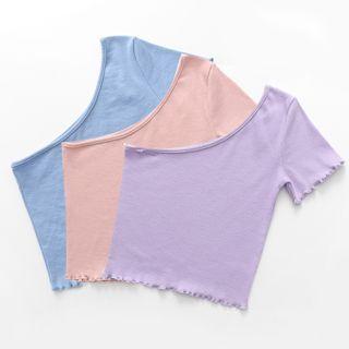 Short-sleeve One-shoulder Frill Trim Crop Top