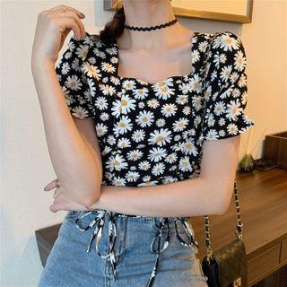 Short-sleeve Floral Print Drawcord Chiffon Crop Top
