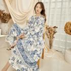 Long-sleeve Floral Maxi A-line Dress Blue - One Size