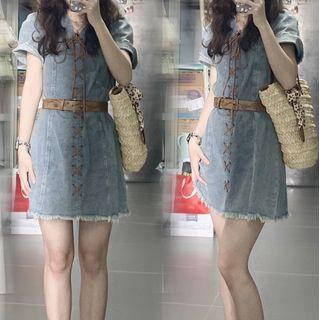 Short-sleeve Tassel Trim A-line Denim Dress
