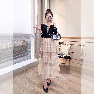 3/4-sleeve Mesh Paneled A-line Midi Tiered Dress