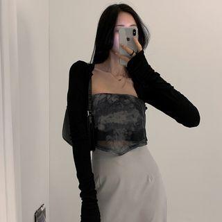 Long-sleeve Plain Cropped Cardigan Black - One Size
