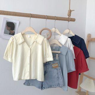 Short-sleeve Open-collar Button-up Blouse