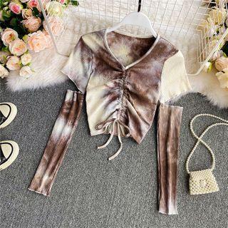 Tie-dye Cut-out Sleeve Drawstring Blouse