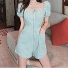 Square-neck Short-sleeve Denim Jumpsuit