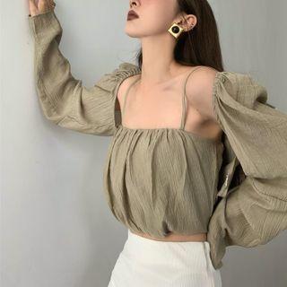 Long-sleeve Plain Cardigan / Sleeveless Top / Boot-cut Pants