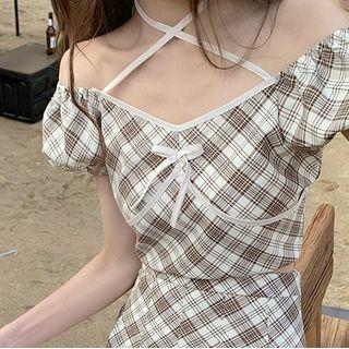 Cold-shoulder Plaid Blouse / Mini Pleated Skirt