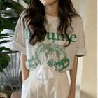 Short-sleeve Lettering Print T-shirt Melange Gray - One Size