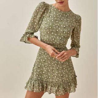 Elbow-sleeve Floral Print Ruffled-trim Dress