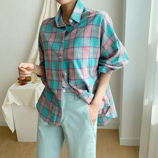 Drop-shoulder Plaid Dip-back Shirt