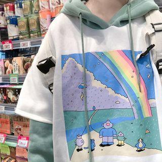 Printed Mock Two Piece Hoodie White - One Size