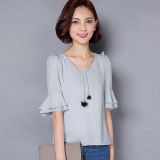Ruffle Trim Short-sleeve Chiffon Top