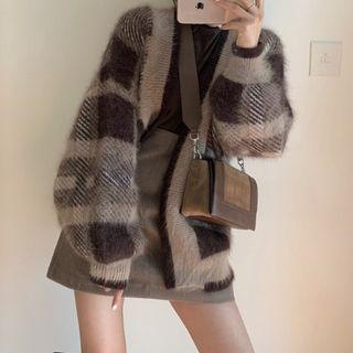 Plaid Cardigan / Turtleneck Long-sleeve Top / A-line Mini Skirt