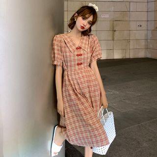 Plaid Short-sleeve A-line Dress Red - One Size