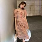 Plaid Short-sleeve A-line Dress Red - One Size