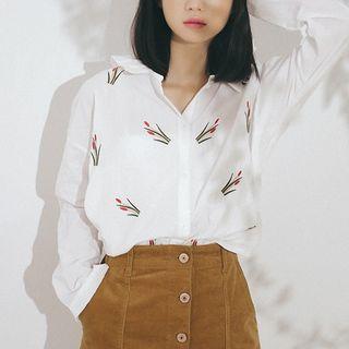 Embroidered Long-sleeve Loose-fit Blouse