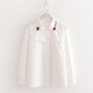 Strawberry Embroidered Ruffle Trim Long-sleeve Blouse