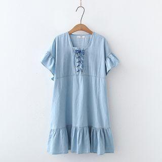 Short-sleeve Lace-up A-line Denim Dress