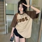 Short Sleeve Raglan Number Embroidered T-shirt Khaki - One Size