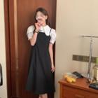 Spaghetti-strap Plain Midi A-lien Dress / Puff-sleeve Blouse