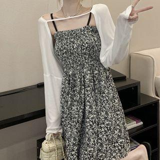 Spaghetti Strap Floral Print A-line Dress / Shrug