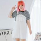 Plus Size Short-sleeve Mock Two-piece Striped Mini Dress