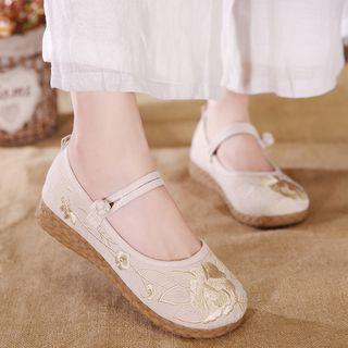 Flower Embroidered Frog-button Mary Jane Flats