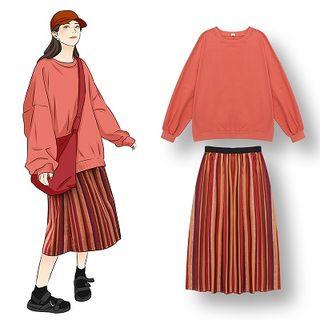Crew-neck Pullover / Striped Midi A-line Skirt
