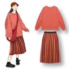 Crew-neck Pullover / Striped Midi A-line Skirt