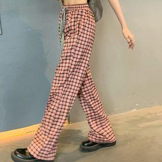 Plaid Wide Leg Pants Plaid - Pink - One Size