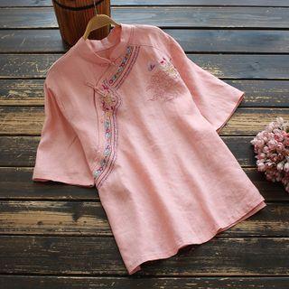 Short-sleeve Embroidered Stand Collar Frog-buttoned Top