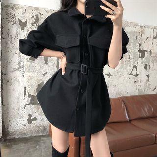 Pocket Front Belted Woolen Jacket Black - One Size