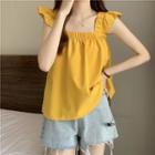 Cap-sleeve Square Neck Frill Trim Plain Blouse