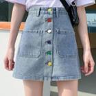 Button-up Denim A-line Mini Skirt