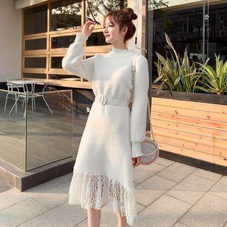 Belted Waist Lace Panel Knit Dress