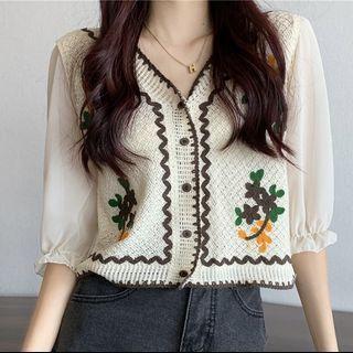 Panel Puff-sleeve Knit Top