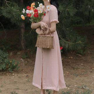 Frilled Trim Short-sleeve Midi A-line Dress