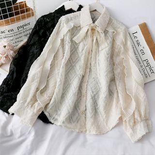 Ribbon-neckline Argyle Fringed Shirt