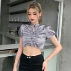 Puff-sleeve Button-up Ruched Crop Top